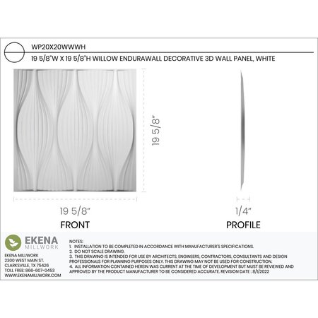 Ekena Millwork Willow EnduraWall Decorative 3D Wall Panel, White, 19 5/8"W x 19 5/8"H WP20X20WWWH